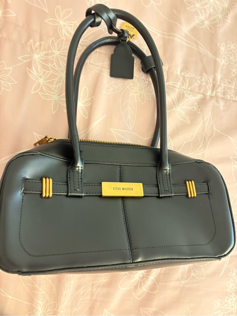 Steve Madden Black Leather Shoulder Bag with Gold Accents